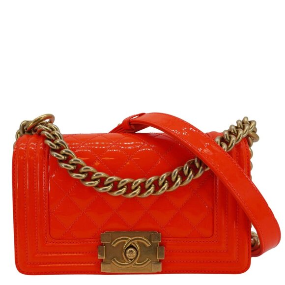 Chanel  Boy Flap Small Quilted Patent Leather Shoulder Bag Orange - Picture 1 of 12